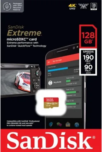 Miniatura 3 de SanDisk Tarjeta UHS I Extreme microSD de 128 GB para video 4K en teléfonos inteligentes, cámaras de acción y drones 190 MB/s de lectura, 90 MB/s