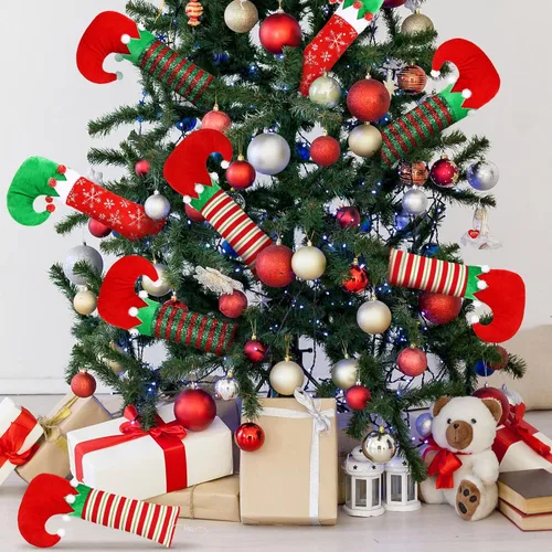 Miniatura 4 de 6 patas de elfo de Navidad, púa de botas, rayas con purpurina, patas rellenas de elfo con alambre fijo, decoraciones colgantes para árbol