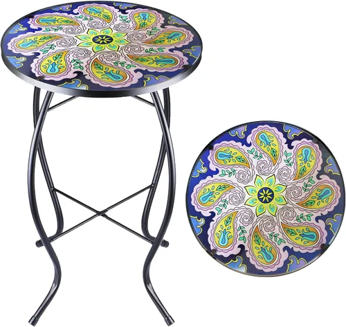 Miniatura 10 de Arbuxzuy Mesa auxiliar pequeña de 12 pulgadas para exteriores con mosaico azul-blanco, mesa de patio con mosaico de vidrio para interiores, mesa