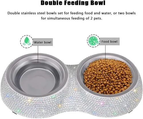 Miniatura 2 de SAVORI Cuencos pequeños para perros, hechos a mano con diamantes de imitación brillantes de acero inoxidable para mascotas, comedero doble de AB
