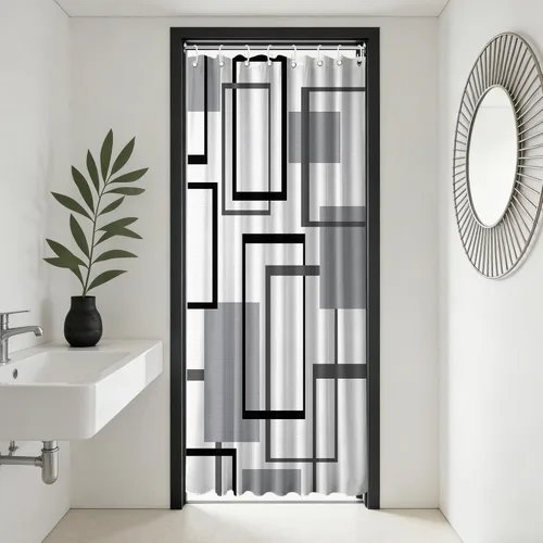 Miniatura 13 de Cortina de Ducha en Blanco y Negro Geométrica Cortinas de Ducha para Decoración de Baños de Hombres Juego de Cortina de Baño en Negro Blanco y Gris