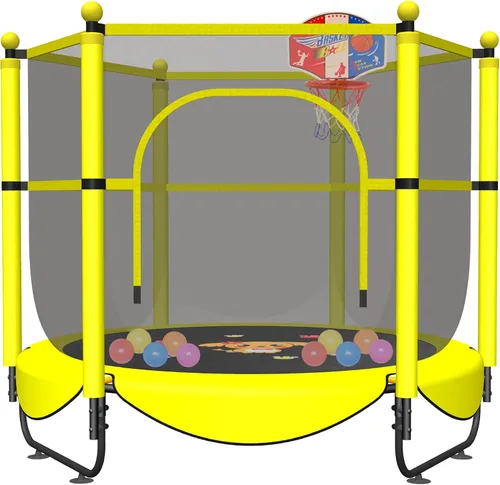 Miniatura 8 de VGMiu Trampolín de 60 pulgadas para niños, cama elástica de 5 pies para interiores y exteriores con aro de baloncesto, recinto de seguridad, regalos
