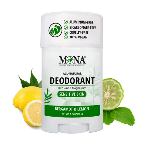 MONA BRANDS - Desodorante natural para mujeres y hombres | Para pieles sensibles | Sin aluminio ni bicarbonato de sodio | (BERGAMOT LIMON 1.76 Oz)