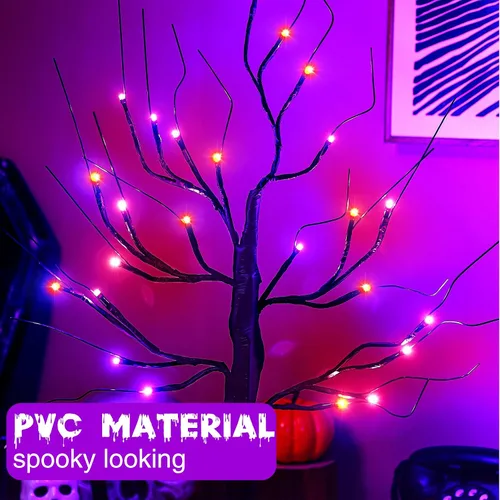 Miniatura 6 de Ganeen 2 piezas de decoración de Halloween para interiores de 24 pulgadas/2 pies iluminados naranja y morado árbol de abedules con temporizador, 48