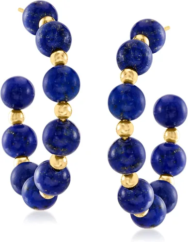 Miniatura 3 de Ross-Simons Aretes de aro de cuentas de lapislázuli de 0.236-0.256in con oro amarillo de 14 quilates, Gema, Lapislázuli