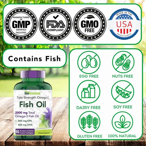 Miniatura 7 de tnvitamins Aceite de pescado omega-3 sin eructos: 2000 mg - 90 cápsulas blandas 1400 mg de ácidos grasos omega-3 totales (800 mg EPA y 600 mg DHA)