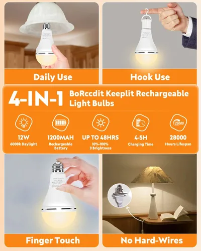 Miniatura 5 de BoRccdit KeepLit - Paquete de 6 bombillas recargables de emergencia, 48H de larga duración y 3 niveles de brillo para cortes de energía, 12W 3000K
