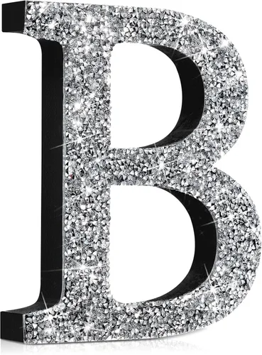 Miniatura 49 de Qunclay Letras brillantes de cristal plateado de 5.7 pulgadas, decoración de diamantes triturados, letra de madera con purpurina con tornillo
