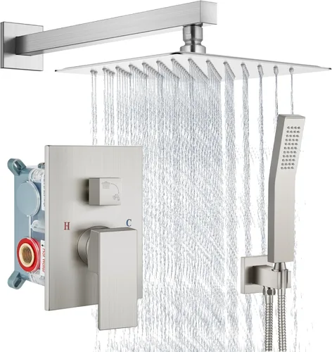 Miniatura 14 de Aolemi Sistema de ducha tipo lluvia de 12 pulgadas, cabezal de ducha cepillado Nikcel Combo Set con ducha de mano válvula de montaje en pared grifo