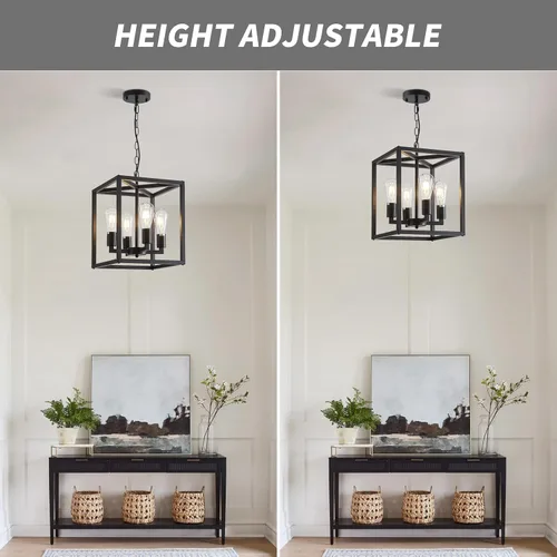 Miniatura 5 de Lanhall Candelabro de Casa de Campo de 4 Luces, Iluminación Colgante Industrial Rústica, Jaula Metálica de Altura Ajustable E26, Luces Colgantes