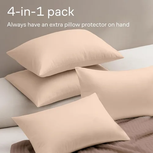Miniatura 8 de Juego de 4 fundas de almohada ultrasuaves con cremallera tamaño Queen, 100% protección contra manchas, polvo y suciedad, lavables a máquina (beige)