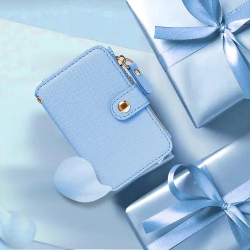 Miniatura 87 de Cartera con llavero, tarjetero con bloqueo RFID de piel, funda para tarjetas de crédito con cremallera para mujer