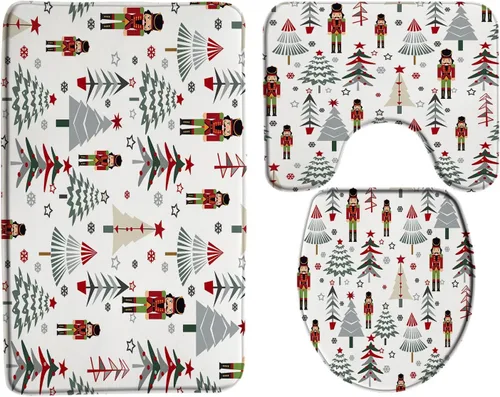 Miniatura 8 de GCTNBJL Juego de 3 alfombrillas de baño para árbol de Navidad, diseño de copo de nieve, rojo, gris, dibujos animados, invierno, vacaciones, baño