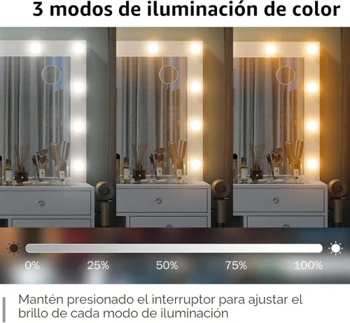 Miniatura 4 de Yanosaku Escritorio de tocador de 55 pulgadas de ancho, tocador de maquillaje con estación de carga, 15 cajones con espejo iluminado, 3 modos
