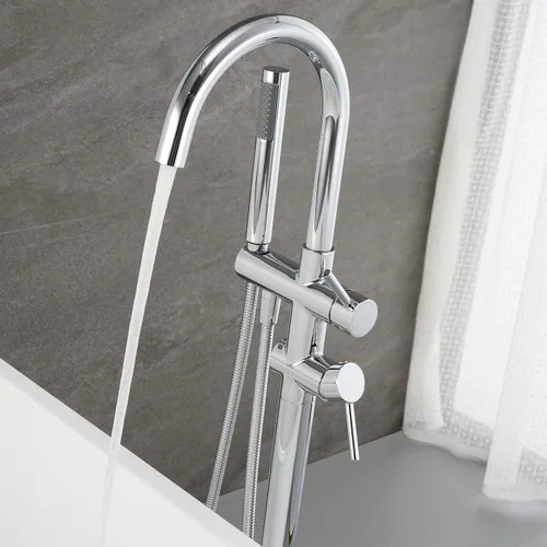 Miniatura 4 de Grifo de bañera independiente, grifos de llenado de bañera, grifos de baño de latón montados en el piso cromado con ducha de mano Cromo