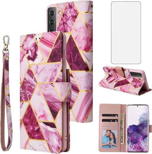Asuwish Funda tipo cartera compatible con Samsung Galaxy S22 5G y protector de pantalla de vidrio templado, soporte de cuero con tapa para Púrpura