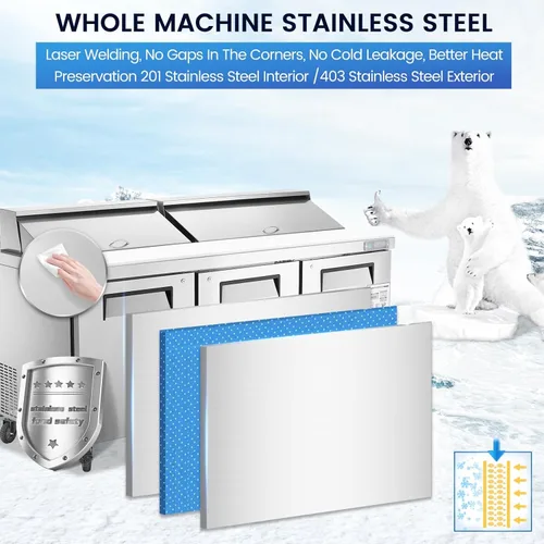Miniatura 7 de Refrigerador comercial de 3 puertas de 72 pulgadas de ancho, mesa de preparación de ensaladas, refrigerador de acero inoxidable con tabla de cortar