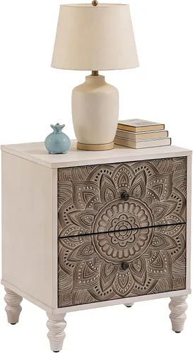 Miniatura 10 de SUNBURY Juego de 2 mesitas de noche vintage, mesa de noche pequeña de madera con cajón y estante abierto, mesa auxiliar de acento shabby para sala