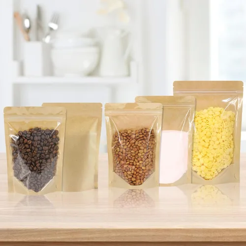 Miniatura 7 de 100 PCS bolsas resellables, bolsas de papel kraft de pie con ventana frontal transparente, bolsas de almacenamiento de alimentos con cierre