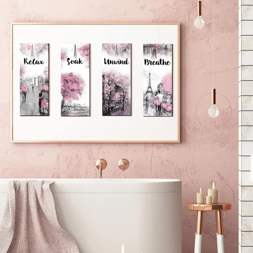 Miniatura 7 de Gerrii 3 Piezas de Decoración de Baño Rosa y Gris Decoración de París Relajarse Remojarse Desconectar Respirar Arte de Pared de Granja Baño Boda