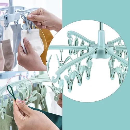 Miniatura 3 de Estante de secado plegable con 24 clips para secar calcetines, ropa de bebé, toallas de secado giratorias, 2 piezas (verde)