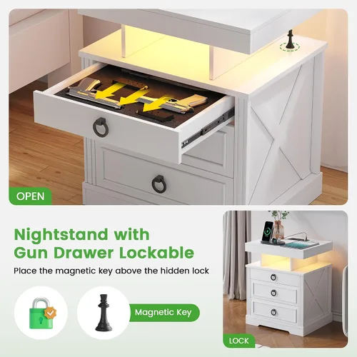Miniatura 6 de HNEBC Mesita de noche con cajones para armas, mesita de noche de granja con estación de carga, mesita de noche secreta con luz automática de 3