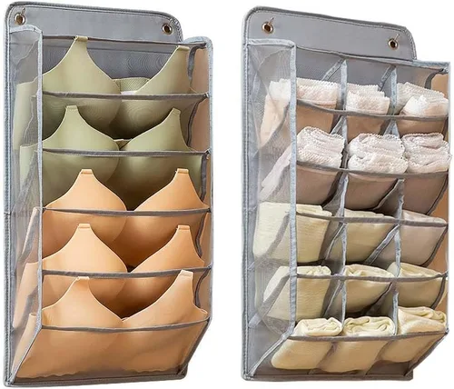 Miniatura 5 de Paquete de 2 organizadores colgantes duraderos para ropa interior/calcetines con 15 bolsillos de malla, bolsillo de almacenamiento que ahorra