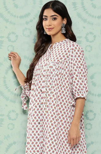 Miniatura 6 de Janasya Vestido de playa de algodón blanco para mujer, estilo casual, estampado floral, cuello mandarín, bohemio, manga atada, para playa