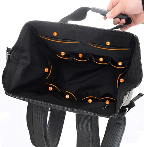 Miniatura 9 de Mochila para herramientas con respaldo acolchado para electricista, fontanero y reparador de cables y climas Negro