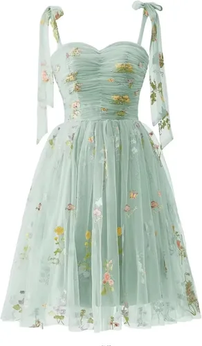 Miniatura 7 de Fivsole Vestido corto con bordado de flores para adolescentes, vestido de tul con tirantes delgados, mini formal, cóctel, fiesta de noche, vestidos