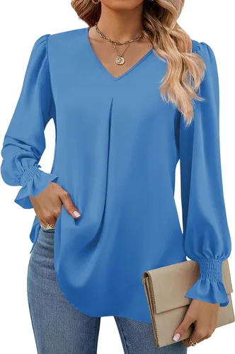 Miniatura 28 de Funlingo Blusas de mujer con mangas largas 2025, elegantes y casuales, con cuello en V, túnica suelta de gasa para el trabajo