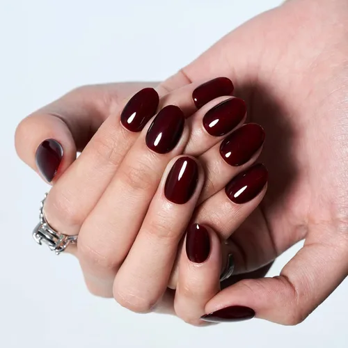 Miniatura 5 de GLAMERMAID Uñas postizas cortas ovaladas, góticas, hechas a mano, color burdeos gótico, pegamento de gel para otoño, 24 unidades, brillantes