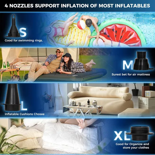 Miniatura 3 de KingCamp Bomba de aire para inflables, inflador/deflector portátil de llenado rápido, bomba de aire eléctrica con 4 boquillas para colchoneta