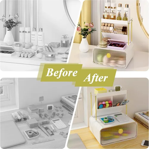 Miniatura 2 de FOLLOWIN Organizador de mostrador de baño con cajón, organizador para la parte superior de la cómoda con soporte para brochas de maquillaje, estante