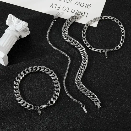 Miniatura 7 de Pulsera de plata para hombre, pulsera de eslabones cubanos de acero inoxidable, cuerda resistente, juego de pulseras de cadena cubana Figaro