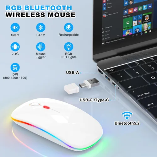 Miniatura 2 de Ratón LED Bluetooth inalámbrico para MacBook Air, Mac Pro, Laptop, iPad, ratón recargable silencioso con luz, ratón jiggle óptico de doble modo