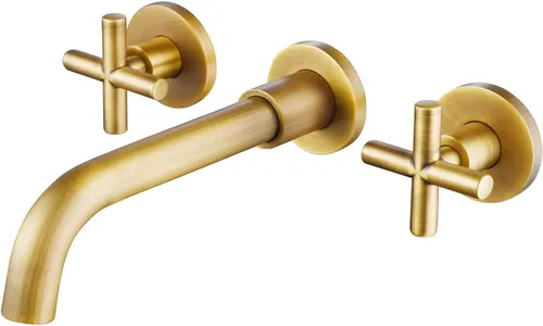 Grifo de baño de montaje en pared, latón antiguo, tres agujeros, montado en la pared, grifo de lavabo con válvula áspera, boquilla giratoria 360, 2