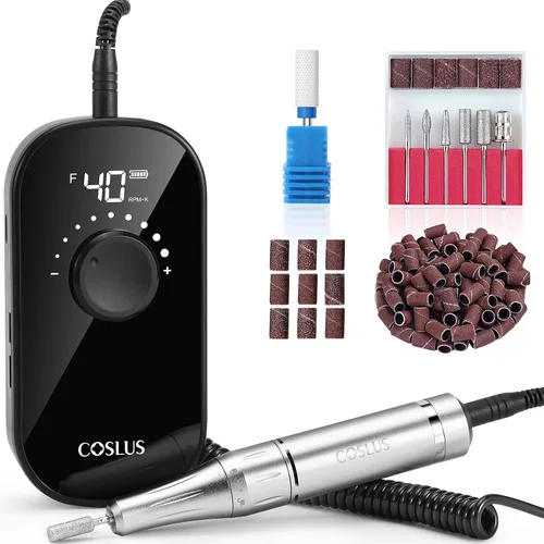 COSLUS Taladro de uñas eléctrico profesional recargable de 40000 RPM, lima de uñas portátil con soporte de almacenamiento para pulir y quitar gel