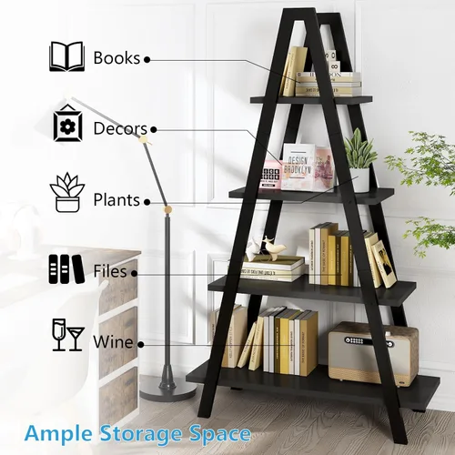 Miniatura 5 de DKLGG Estantería en forma de A de 4 niveles, estantería de metal industrial, estante de escalera de dormitorio de pie, estantes de exhibición Negro