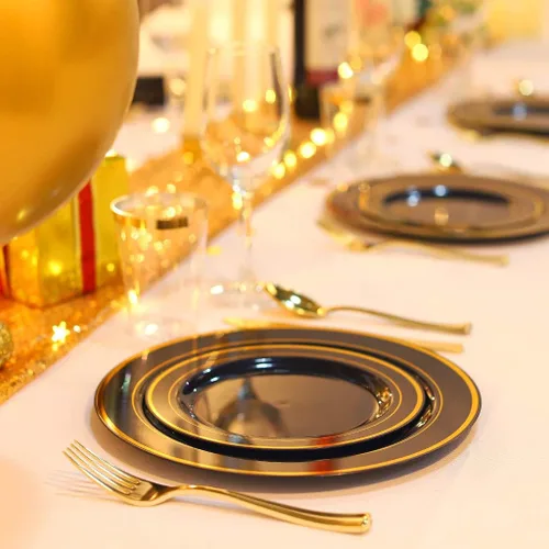 Miniatura 4 de bUCLA - 100 piezas de platos de postre de plástico negro y dorado - Platos desechables de 19 cm para ensalada/aperitivo - Ideales para fiesta