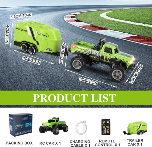 Miniatura 2 de Camión Mini RC hehred, Camión de Control Remoto de Monstruo a Escala 1:64 con Luces, Camión RC de 2.4Ghz con Control Remoto y Remolque, Velocidad