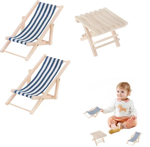 Paquete de 3 sillas y mesa de playa en miniatura, juego de muebles de playa en miniatura a escala 1:12, sillas de playa pequeñas para decoración de