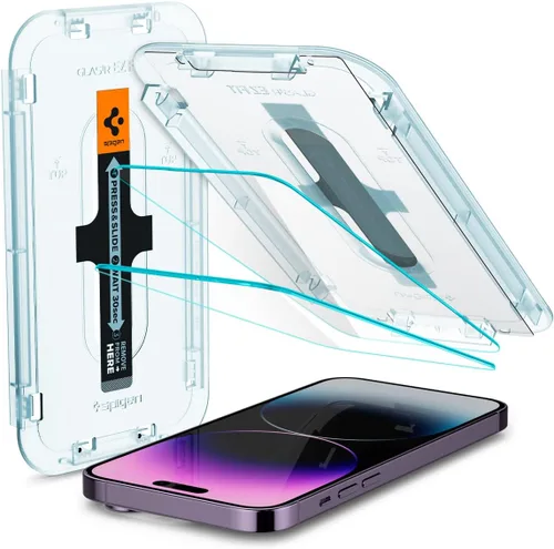 Spigen GlasTR EZ FIT: protector de pantalla de vidrio templado diseñado para iPhone 14 Pro Max [compatible con fundas], protección de sensor,