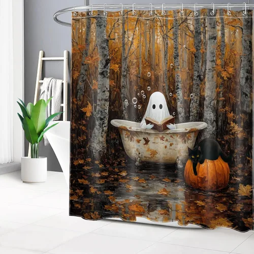 Miniatura 4 de LB Cortina de ducha de otoño para baño, divertido gato negro con fantasma en la bañera en el bosque de otoño, cortina de ducha de tela de cosecha
