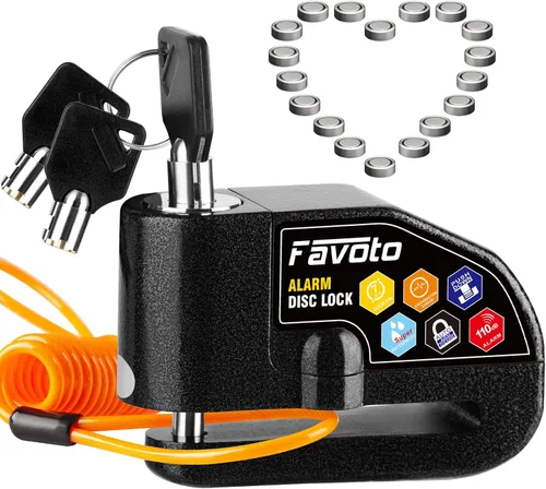 Favoto Bloqueo de disco de alarma, 3 llaves y 18 baterías (5 años de disponibilidad), candado de freno de seguridad antirrobo impermeable de 110 dB,