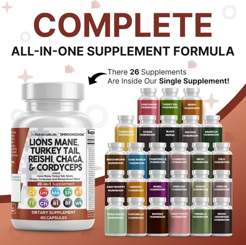 Miniatura 2 de Clean Nutraceuticals Suplemento de hongo 20 en 1 de melena de león con cola de pavo Reishi Cordyceps Chaga Maitake Meshima Poria Cocos Shiitake