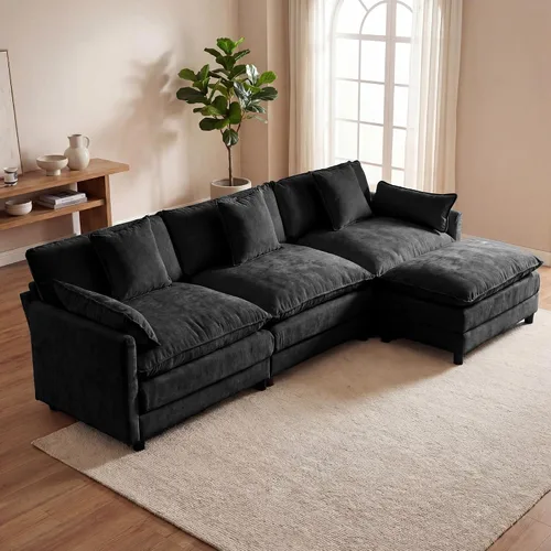 Juego de sofá modular de 107 pulgadas con otomana, sofá convertible en forma de L, sofá de asiento profundo de felpilla de 3 plazas con almohadas