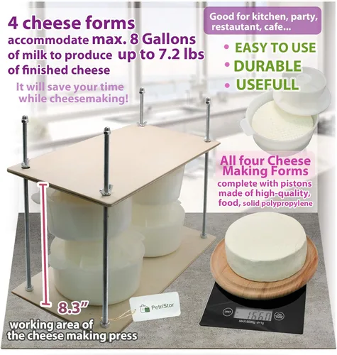 Miniatura 6 de PetriStor Prensa de queso de madera para hacer suministros - Guías de metal de 16 pulgadas, molde de 13 pulgadas con pistón seguidor, 1.3 cuartos