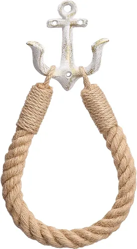Soporte para papel higiénico de cuerda náutica, anillo de toalla montado en la pared, soporte de papel higiénico náutico con ganchos de metal, Blanco