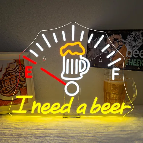 Letrero de neón con texto en inglés "I Need a Beer" ("Necesito una cerveza") con barra de luz LED de neón para decoración de pared para Pub Man Cave